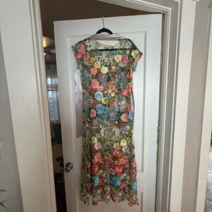 Elegant Orange and Blue Midi Sheath Dress with Cap Sleeves